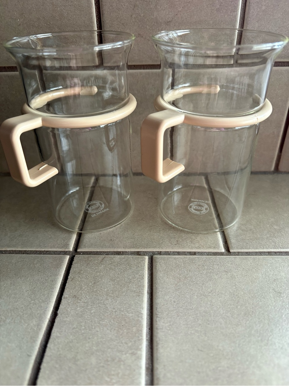 2 Vintage Bodum  Glass Mug with beige Handle / Excellent Condition